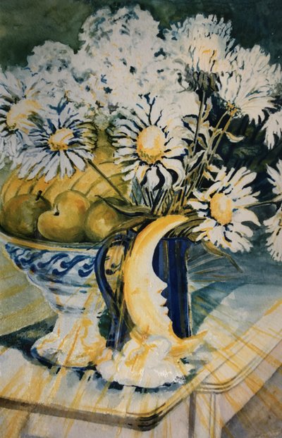 Marguerites in a Blue Jug with a Moon Lamp by Joan Thewsey